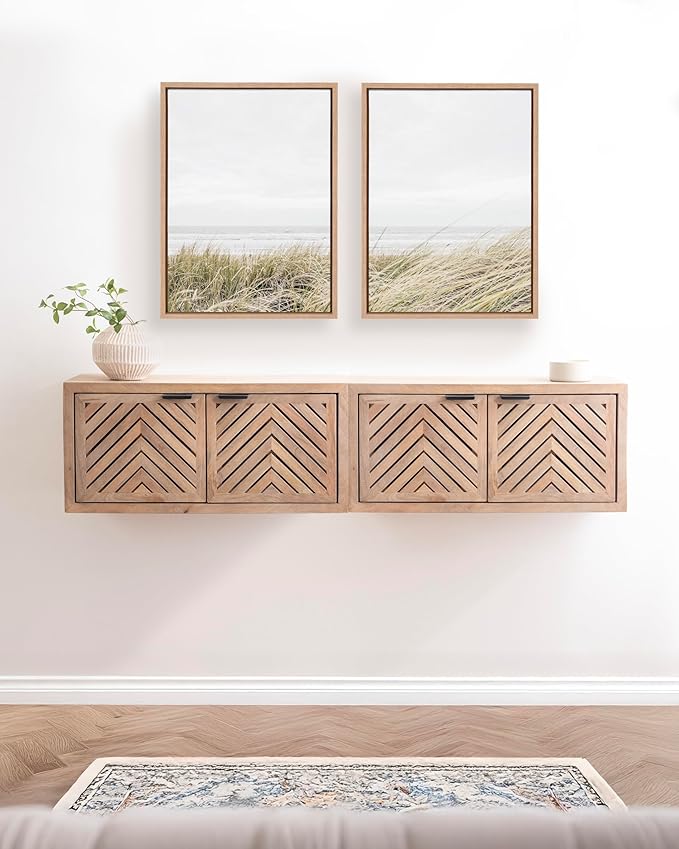 Kate and Laurel Mezzeta Decorative Two-Door Wall Cabinet; 30 x 10 x 14; Natural Wood; Decorative Modern Storage Cabinet for Use as Floating Nightstand or Floating TV Shelf