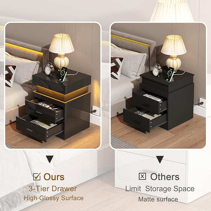 ChooChoo LED Nightstand Set of 2,Smart Night Standwith Charging Station and Sliding Top Storage, Black