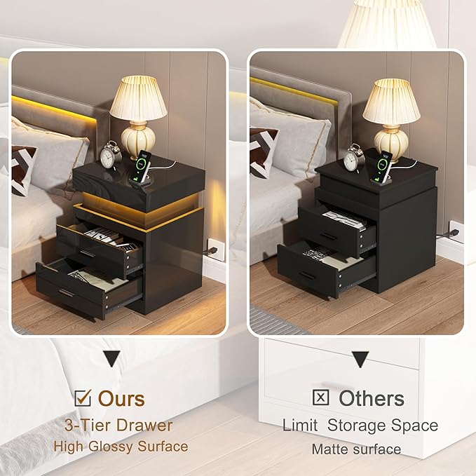 ChooChoo LED Nightstand with Charging Station,Smart Night Stand with Sliding Top Storage, 2-Drawers High Gloss Bedside Table, Modern End Table for Bedroom,Black