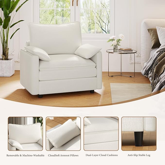 Vesgantti 40" Single Seat Sofa, Comfy Cloud Couch Deep Seat Upholstered Couch Chenille Modern Sofa with Armrest Pillow, Easy Assembly for Living Room, Bedroom and Apartment, Snow White | Sink-in Comfort, Height Adjustable, Easy Rearrangement, Extra-dee...