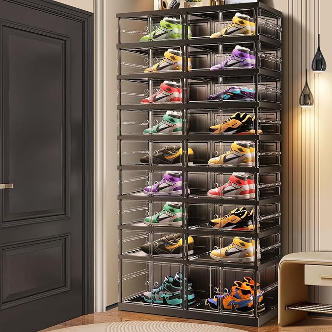 9-Tier Foldable Shoe Rack for Closet Entryway 18-36Pairs,Stackable Clear Shoe Storage Boxes Organizer with Door Plastic Shoe Cabinet Bins with Lids Shoes Shelf Easy Assembly Large Black