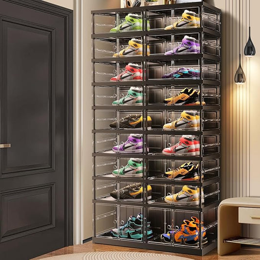 9-Tier Foldable Shoe Rack for Closet Entryway 18-36Pairs,Stackable Clear Shoe Storage Boxes Organizer with Door Plastic Shoe Cabinet Bins with Lids Shoes Shelf Easy Assembly Large Black