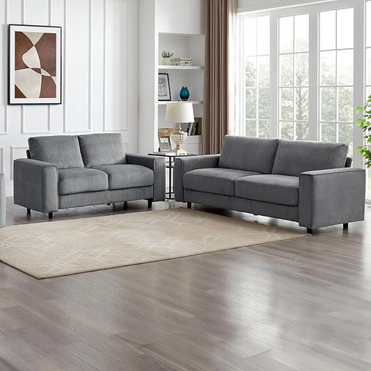 AC Pacific Derek 2 Piece Modern Corduroy Couches for Living Room, Tufted Sofas with Plush Upholstery, High-Density Foam, Sleek Black Legs, Durable Wooden Frame, Sofa and Loveseat Set, Grey