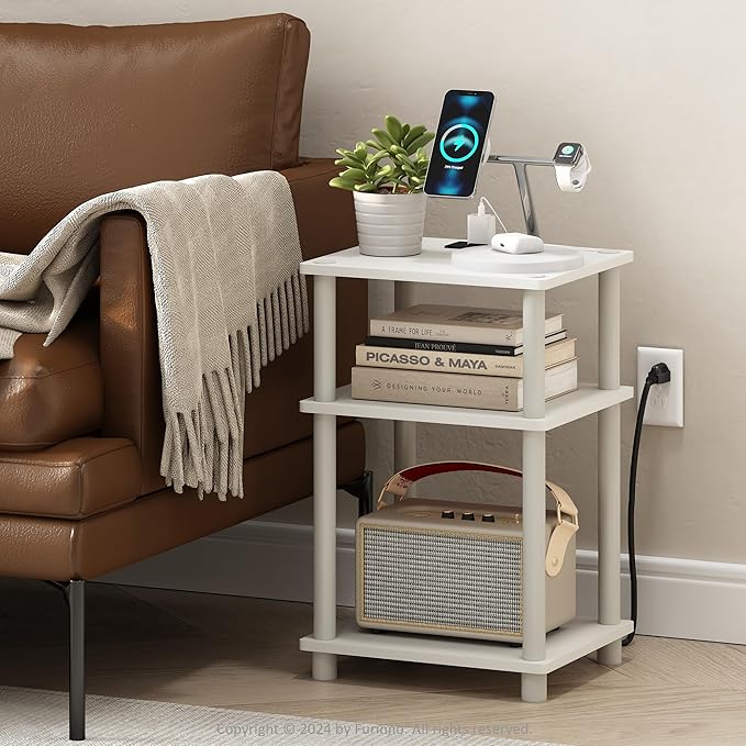 Furinno JUST Side Table, 3-Tier Modern End Table with Charging Station, Easy Assembly Night Stand, Bedside Table with USB and Type-C Charging Port, for Living Room, Bedroom, White