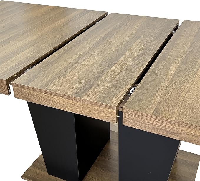 63" - 79" Extendable Dining Room Table, Expandable Kitchen Table for 6 to 10 People, Modern Wood Conference Table, Large Dining Table(Brown & Black, Pedestal Base B)