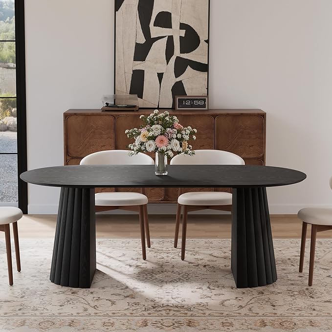 Casaphoria 79" Oval Dining Table, Modern Wood Kitchen Table with Cone Shaped Stripe Convex Base for Living Room & Dining Room, Easy Assembly Farmhouse Furniture for 6-8, Black