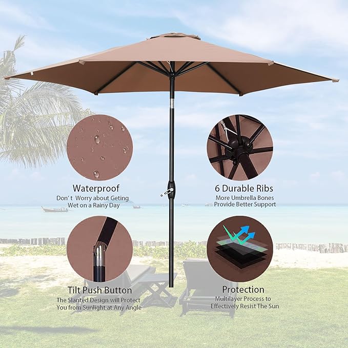 HYD-Parts 9FT Patio Umbrella Outdoor Table Umbrella,Market Umbrella with Push Button Tilt and Crank for Garden, Lawn, Deck, Backyard & Pool, No Base (Coffee)