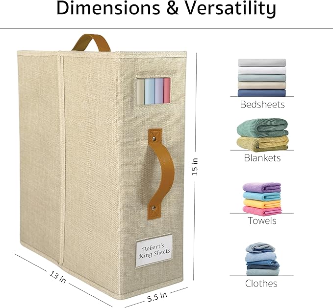 2-Pack Set Bed Sheet Organizer – Premium Linen Storage with PU Leather Handles & Dual Labels | Fits King/Queen Sheets | Closet, Underbed & Shelf Use | Closet Organizers and Storage (Beige)