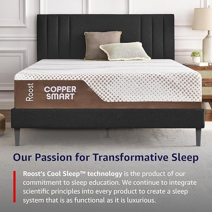 ROOST SLEEP 14-Inch Queen Mattress, Copper Gel Cooling for Hot Sleepers & Back Pain Relief, Medium Firm Hybrid, Made in USA, CertiPUR-US Certified, Bed in a Box
