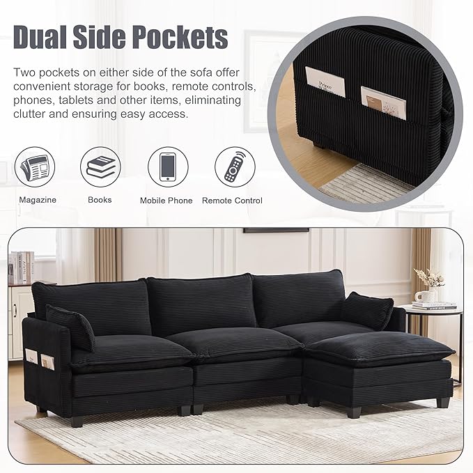 103" Oversized Modular Sectional Sofa Couch with Reversible Ottoman, Free Combination Convertible Corner Couch,Corduroy Upholstered Cloud Sectional Couch with Side Pockets | Multiple Cushions, DIY Combination, Removable Cover