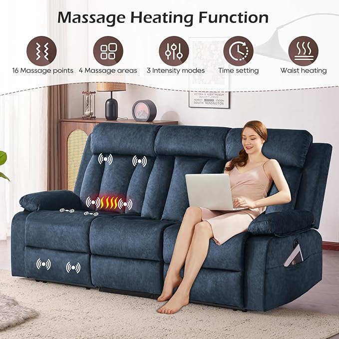 Power Recliner Sofa with Heat&Massage, Electric Reclining Couch with Multi-Function Console/USB Ports/Type C, Wall Hugger 3 Seater-Sofa Recliner, Reclining Sofa Couch for Living Room
