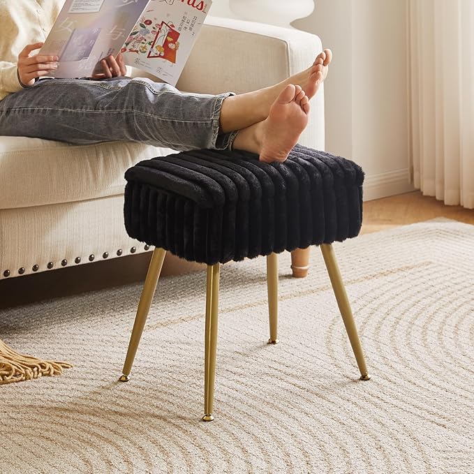 Vanity Stool with Storage, Faux Fur Vanity Chair, Footrest Ottoman, Multifunctional Makeup Vanity Chair for Bedroom Black YD-MS151B