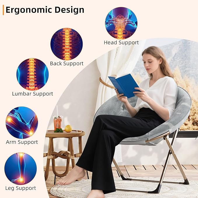 IDEALHOUSE Comfy Folding Padded Saucer Chair, Folding Circle Chair with Metal Frame, Soft Moon Chair for Bedroom, Dorm Rooms, Apartments, Lounging, Garden and Courtyard, Grey with Gold Legs