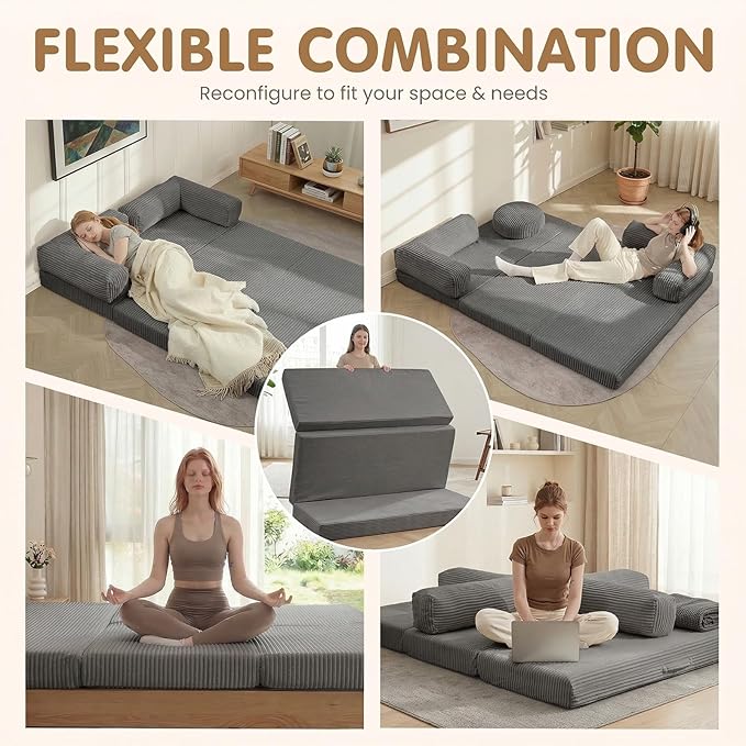 JUIKURY Folding Sofa Bed, Convertible Sleeper Chair with Pilow Foldable Matress, 2 in 1 Pull Out Loveseat Sofa Portable Fold Out Chair Bed Floor Couch Lounge for Living Room (Grey, Queen-82"L x 60"W)