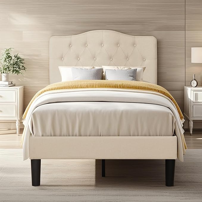 VECELO Twin Size Bed Frame Upholstered Platform with Tufted Adjustable Headboard/Mattress Foundation with Wood Slat Support, Easy Assembly,Beige