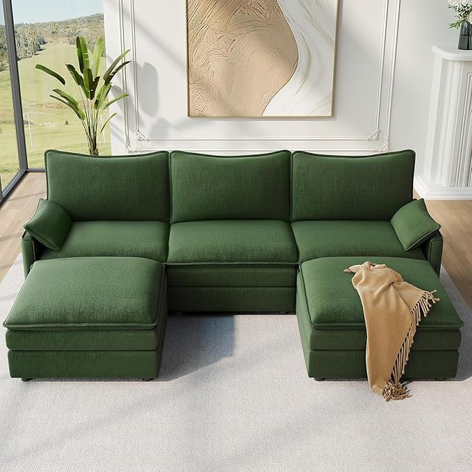 Vesgantti 108" U Shaped Sectional Couch, Comfy Cloud Modular Sectional Sofa with 2 Ottoman Deep Seat Chenille Modern Cloud Sofa, Modular Sofas for Living Room, Bedroom and Apartment, Green | Sink-in Comfort, Height Adjustable, Easy Rearrangement, Extra...