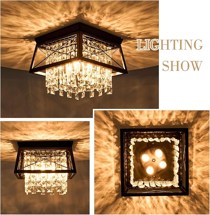 Crystal Flush Mount Ceiling Light, 11.8 inch 4-Light Black Farmhouse Lighting Metal Ceiling Light, Modern Trapezoid Hallway Light Fixtures Ceiling Mount for Bedroom Kitchen Laundry Entryway Foyer
