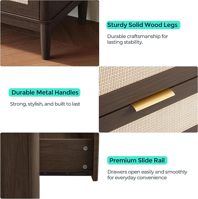 LINSY Rattan 8 Drawer Dresser for Bedroom, 47" Wide Mid-Century Modern Tall Chest of Drawers, Deep Storage Dresser with Curved Corner Design, Large Accent Wood Cabinet for Bedroom, Walnut