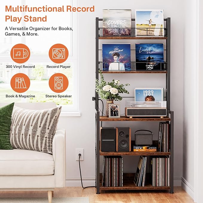Record Player Stand with Power Outlet, 5-Tier Vinyl Record Storage Rack with Turntable Stand, LP Album Organizer & Display Rack, Media Storage Cabinet for Living Room Bedroom Music Corner