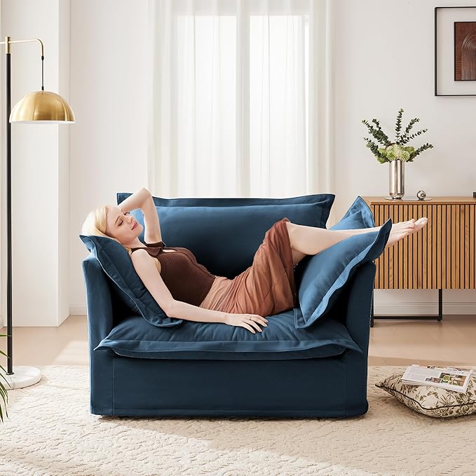 KEIKI Oversized Accent Chair with Ottoman, Chaise Lounge Chair with 2 Pillows, Armchair Sets, Oversized Sofa Bed, Sleeper Couch Reading Chairs for Living Room, Blue