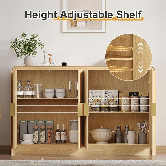 55" Buffet Sideboard Cabinet, Mid Century Modern Console Cabinet with Wavy Grain Doors & Adjustable Shelves for Kitchen Cabinets, Living Room, Entryway, Coffee Bar Cabinet (Natural Oak)