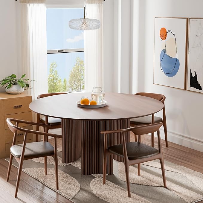 Casaphoria 60" Round Dining Table for 4-6, Farmhouse Style Table with Stripes Base, Easy Assembly for Living Room, Kitchen, Bar, Walnut