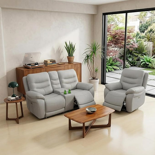 Power Reclining Loveseat with Chair, Genuine Leather Recliner Couch Set, Light Grey Leather Recliners Set, 2 Pieces Furniture with Cup Holders/Storage/USB Port for Living Room, Apartment
