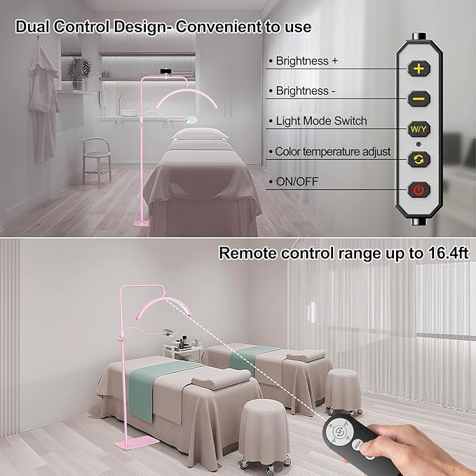 AURELLE Half Moon Lash Light - Adjustable LED Floor Lash Lamp with 4X Magnifier & Phone Holder for Eyelash Extensions,Nail Art,Tattoo,Skincare,Salon SPA-Dimmable Brightness,Rotating Head, Pink