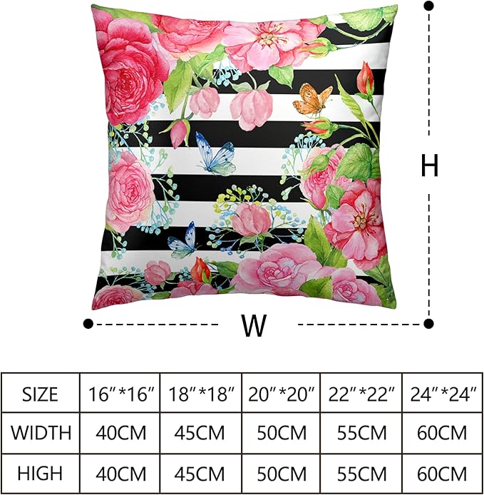 Spring Summer Pillow Covers 20x20 Set of 2 Rose Throw Pillow Covers Butterfly Flowers Pillow Case Black Stripes Cotton Blend Cushion Case for Home Decor Couch Sofa