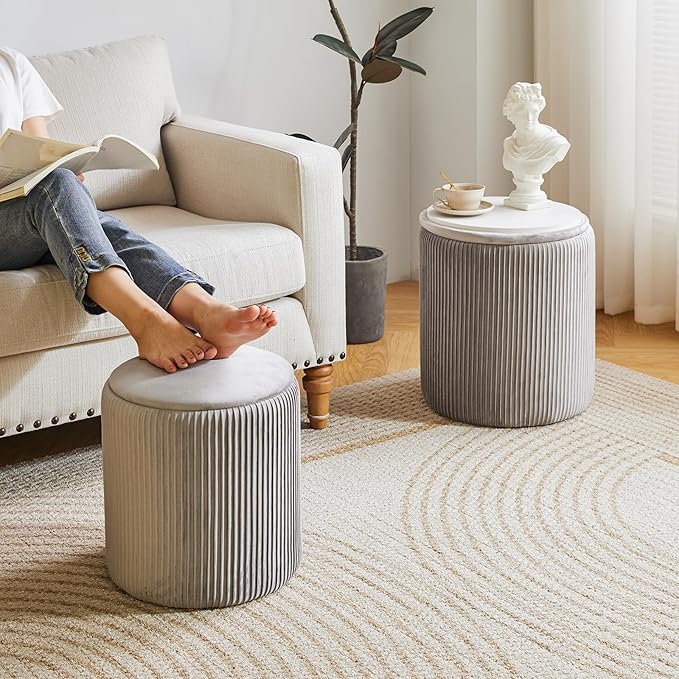 IBUYKE Round Ottoman with Storage Set of 2 Boucle Ottoman End Table for Living Room Vanity Stool Velvet Footrest Stool Bar Stool Grey UWBD005G
