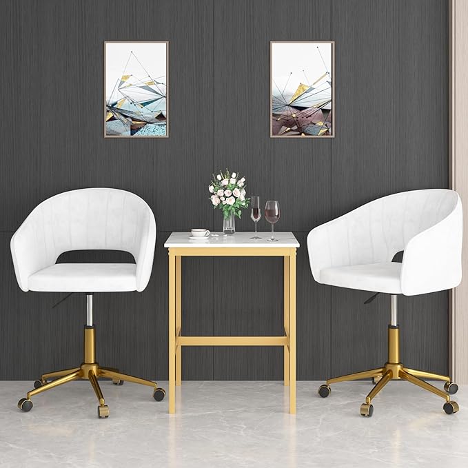 VECELO Velvet Accent Chair Set of 2, Adjustable Luxury Vanity & Dining Chair with Gold Rolling Base, 360°Swivel Upholstered Armchair for Living Room, Bedroom, Home Office, Pearl White