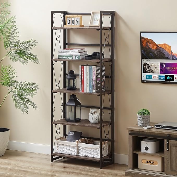 VECELO Folding Bookshelf, 5 Shelf Folding Bookcase No Assembly, Industrial Metal Freestanding Shelves Rack Organizer for Living Room, Office, Bedroom, Kitchen
