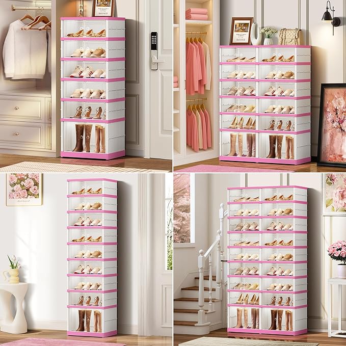 9-Tier Foldable Shoe Rack Organizer for Closet,18 Pairs Collapsible Plastic Shoe Shelf,Clear Stackable Shoe Storage Boxes with Door Easy Assembly,Shoe Cabinet with Lids Large（White-Pink）