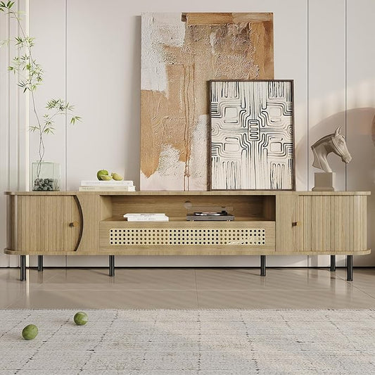 basenji 79" Fluted TV Stand with Sliding Doors & Rattan,Mid Century Modern Entertainment Center with Storage,Curved Edge Design,Media Console for TVs up to 85",TV Consoles for Living Room,Oak