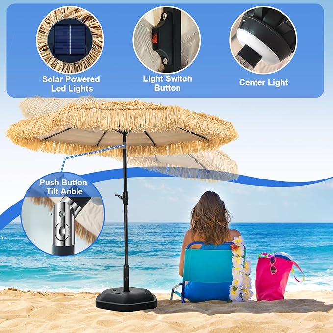 9 ft Solar Tiki Umbrella with 32 LED Lights, Tropical Vibes Thatched Umbrella Outdoor Patio with 8 Ribs, Tilt Adjustment, Manual Crank, UPF 50+ for Pool, Patio, Beach, Backyard,Garden