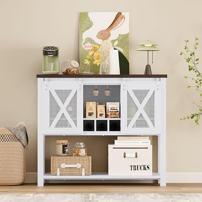 CABIHOME Coffee Bar Cabinet with Storage - Sliding Barn Door Kitchen Buffet, Wood Sideboard Console Cabinet with Wine Rack & Glass Holder for Living & Dining Room, White