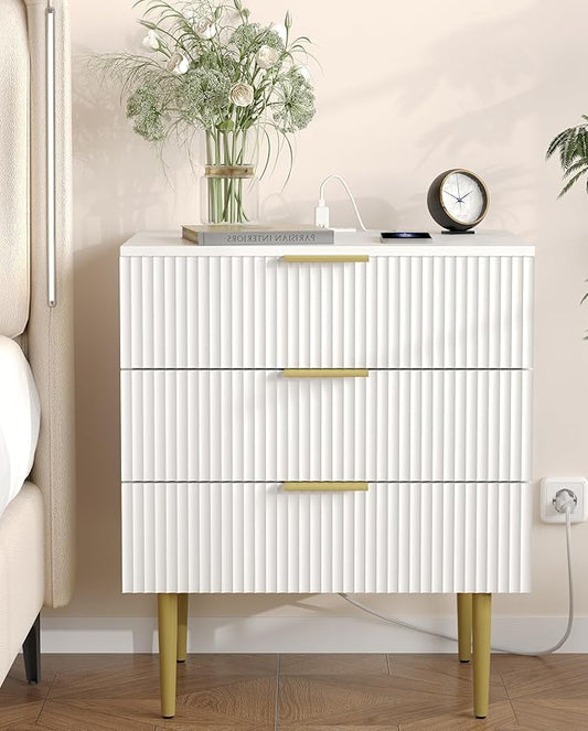 3 Drawer Nightstand with Charging Station, 23.2" W Large Fluted Night Stand, Modern Bedside Table with USB Ports and Outlets, for Bedroom, White and Gold