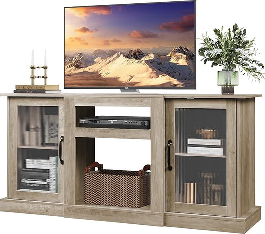 WLIVE Farmhouse TV Stand for 65 inch TV, 58" Entertainment Center with Storage Cabinets, Open Shelves TV Console for Living Room and Bedroom, Greige