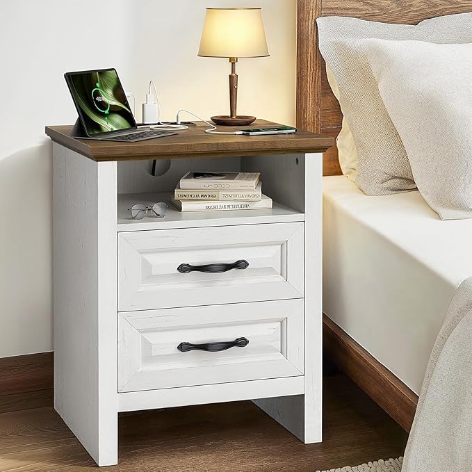 Marsail Nightstand Set of 2 for Bedroom, Night Stand with Charging Station, Bedside Table with 2 Drawers & Open Shelf, Farmhouse End Table Storage Cabinet, Wood White