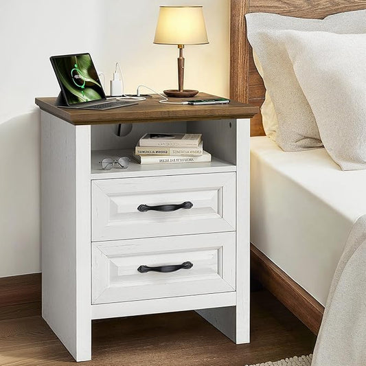 Marsail Nightstand Set of 2 for Bedroom, Night Stand with Charging Station, Bedside Table with 2 Drawers & Open Shelf, Farmhouse End Table Storage Cabinet, Wood White