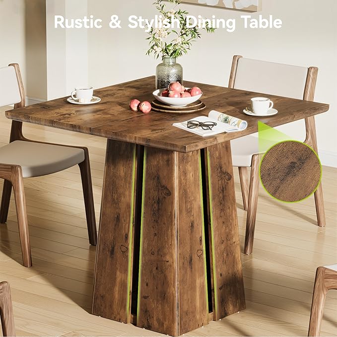 LITTLE TREE Wooden Square Dining Table 4 Sets, 31.5" Farmhouse Kitchen Table with Heavy-Duty Pedestal Base, Dinner Furniture for Dining Room, Living Room, Kitchen (1, Rustic Brown)