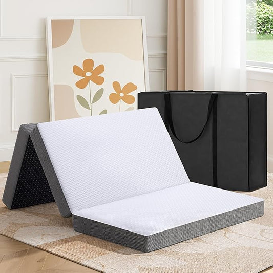 MASVIS Trifold Mattress, 4 Inch Memory Foam Foldable Mattress with Washable Cover, Tri-Folding Floor Bed for Camping, Queen