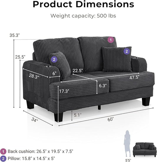 Homes: Inside + Out Reese Modern Plush Chenille Comfortable Loveseat with Side Pockets, Cup Holders and Pillows, Wooden Soft Couch for Living Room, Bedroom and Office, Dark Grey
