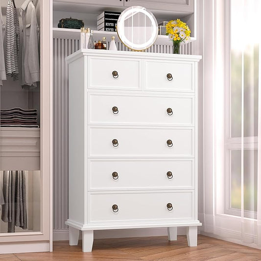 6 Drawer Tall Dresser for Bedroom, White Large Chest of Drawers, Modern Farmhouse 6 Drawers Storage Dresser for Living Room, Hallway, Entryway, Home Office