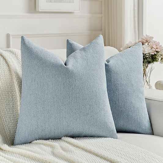 FUTEI Denim Blue Chenille Decorative Throw Pillow Covers 22x22 Inch Set of 2,Soft Cozy Faux Linen Textured Cushion Case,Farmhouse Home Decor for Couch Living Room