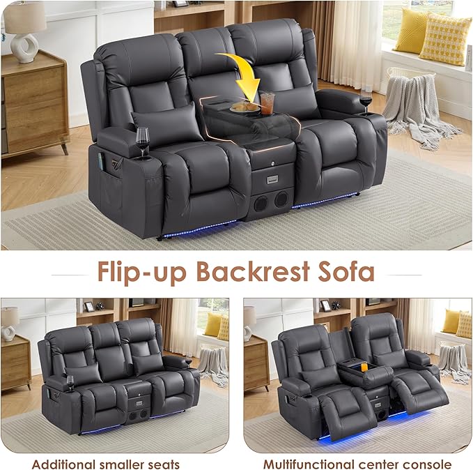 TUNYI Wall Hugger Loveseat Recliner Sofa with Console, Power Reclining Loveseat RV Couch with Massage & Heat/USB/Outlet/Storage/LED Light/Speaker (Light Grey, 2 Seat with Console)