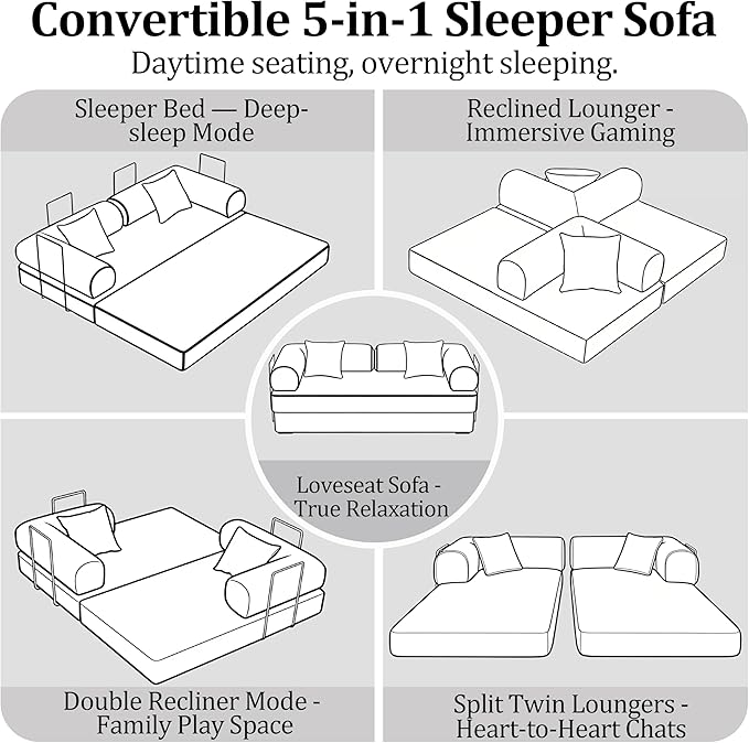 79'' Convertible Compressed Corduroy Folding Cloud Sofa Bed, 5 in 1 Modern Modular Boneless Pull Out Loveseat Sleeper in a Box, No Assembly Floor Mattress Futon Couch for Home, Black, Pillows, King