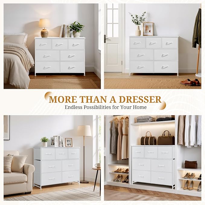 Dresser with 7 Drawers for Bedroom, Fabric Clothes Cabinet for Closet, Anti-Tip Storage Dresser with Metal Frame for Living Room, Entryway, Dorm, White
