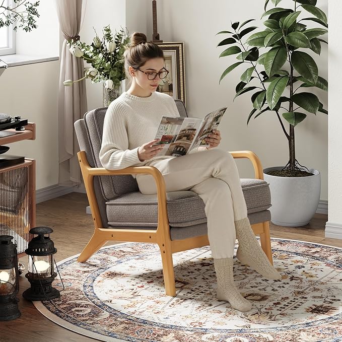 Accent Chair Set of 2 with Solid Wood Frame, Mid-Century Relaxing Armchair Lumbar Pillow& Soft Cushion, Reading Leisure Chair for Living Room, Bedroom, Waiting Room-Grey