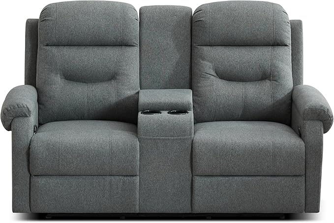DRMBOOK RV Loveseat Recliner Sofa with Console, Linen Fabric Double Wall Hugger Reclining Couch Manual Home Movie Seating 2 Person Recliner Chair with Cup Holders/Storage/Pocket/Lumbar Pillow, Grey